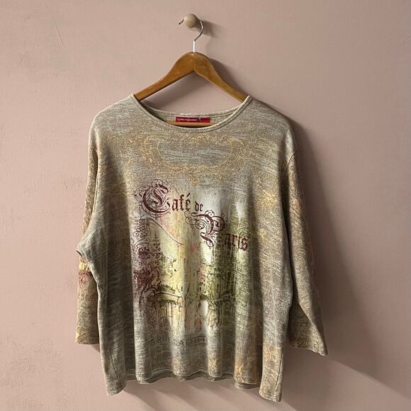 Vintage Gloria Banderbilt Y2K Café de Paris Printed 3/4 Sleeve Shirt Size 2X EUC - Picture 8 of 10